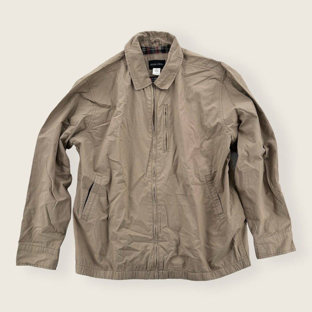 Stone Creek Jacket Mens Large Beige Zip Up Cotton Lined Fishing‎ Hunting Khaki